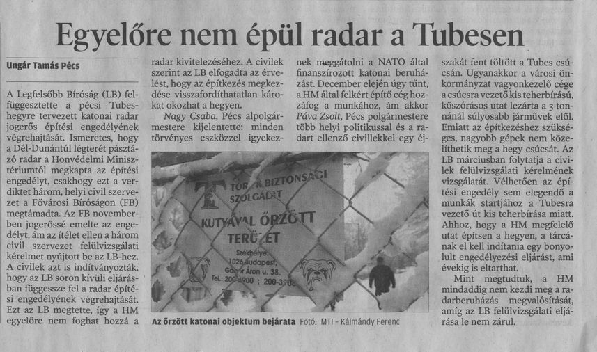 Egyelőre nem épül radar a Tubesen