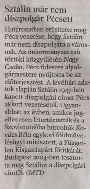 Sztálin már nem díszpolgár Pécsett