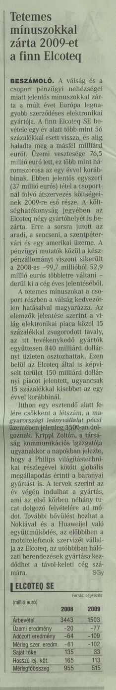 Tetemes mínuszokkal zárta 2009-et a finn Elcoteq