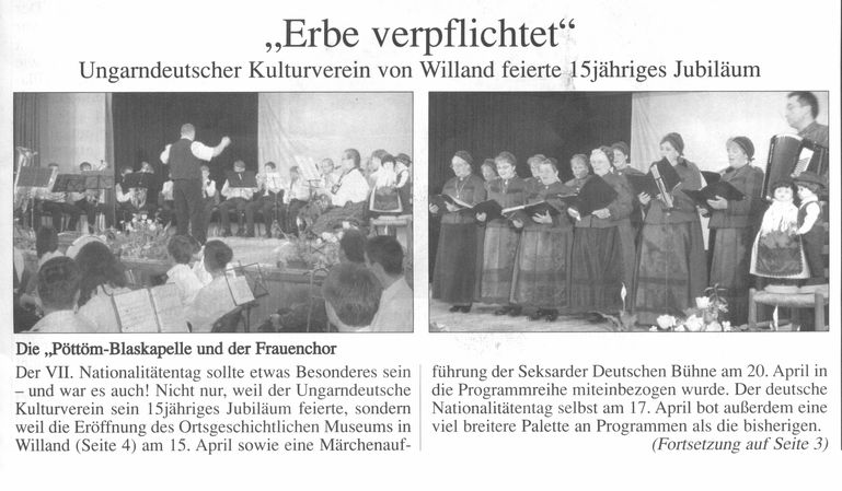 "Erbe verpflichtet" : Ungarndeutscher Kulturverein von Willand feierte 15jähriges Jubiläum