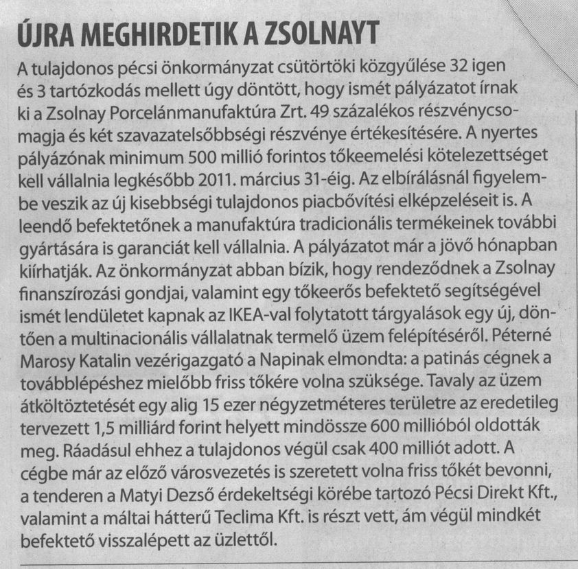 Újra meghirdetik a Zsolnayt