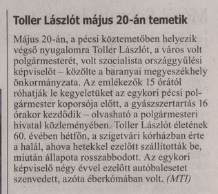 Toller Lászlót május 20-án temetik