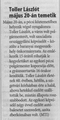 Toller Lászlót május 20-án temetik