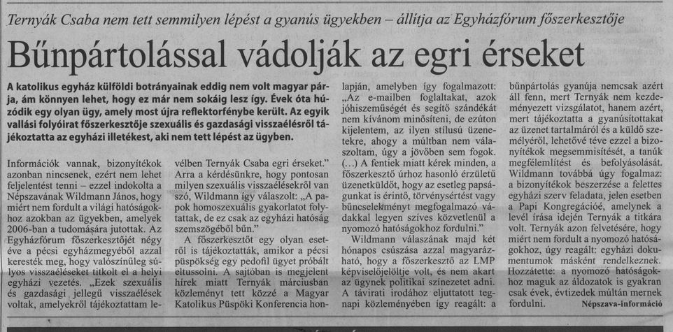 Bűnpártolással vádolják az egri érseket : Ternyák Csaba nem tett semmilyen lépést a gyanús ügyekben - állítja az Egyházfórum főszerkesztője