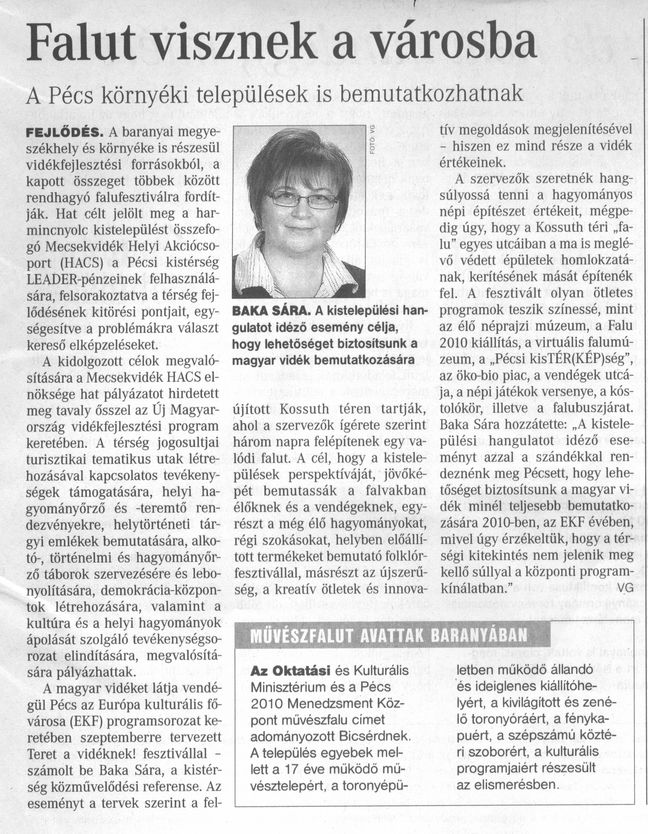 Falut visznek a városba : A Pécs környéki települések is bemutatkozhatnak
