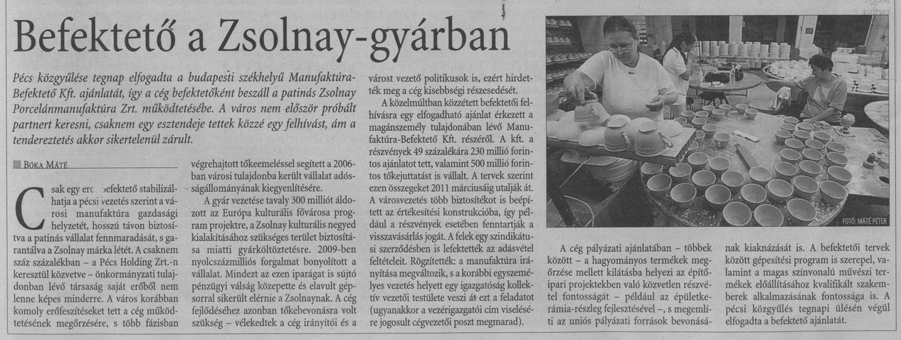 Befektető a Zsolnay-gyárban