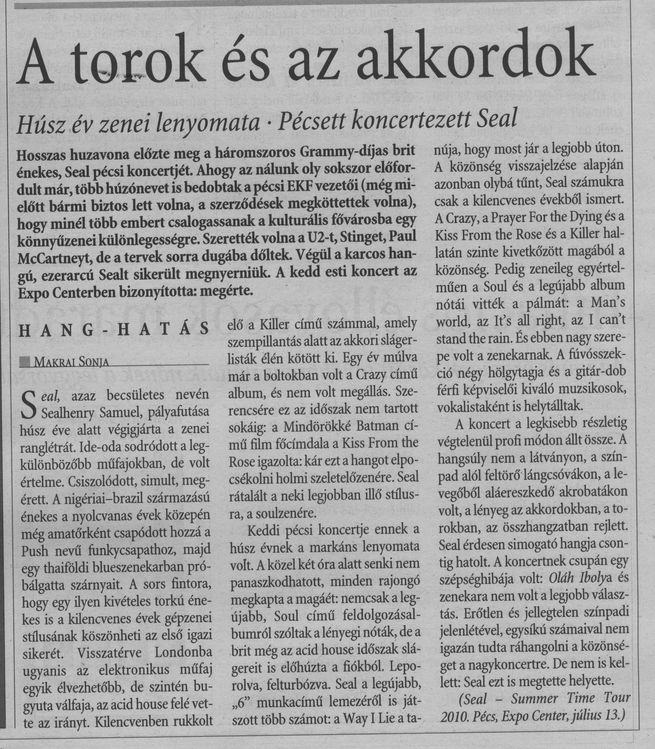 A torok és az akkordok : Húsz év zenei lenyomata : Pécsett koncertezett Seal