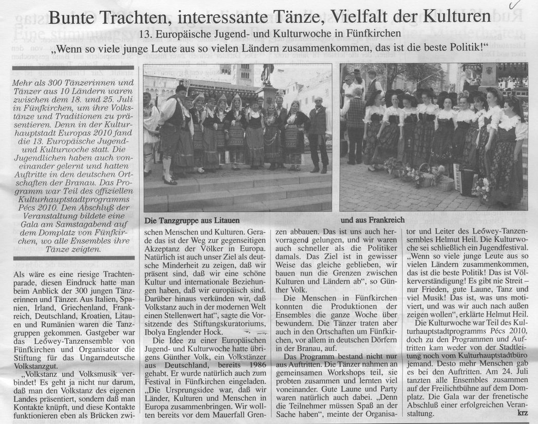 Bunte Trachten, interessante Tänze, Vielfalt der Kulturen : 13. Eropäische Jugend- und Kulturwoche in Fünfkirchen