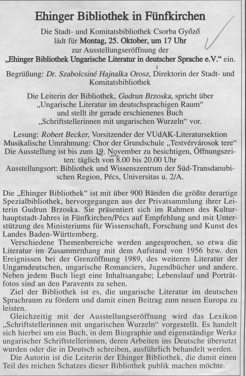 Ehinger Bibliothek in Fünfkirchen