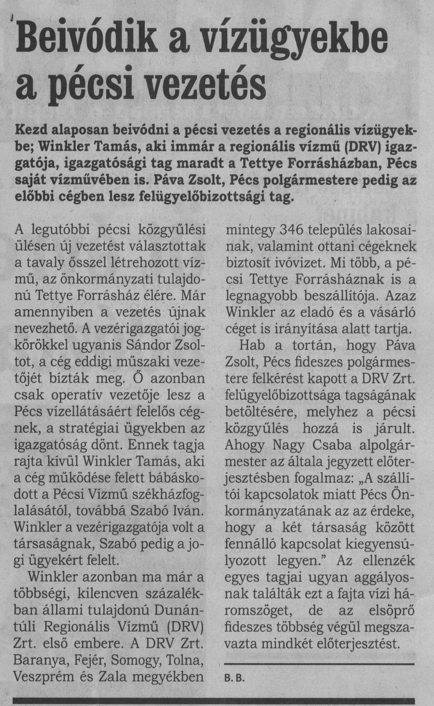Beivódik a vízügyekbe a pécsi vezetés
