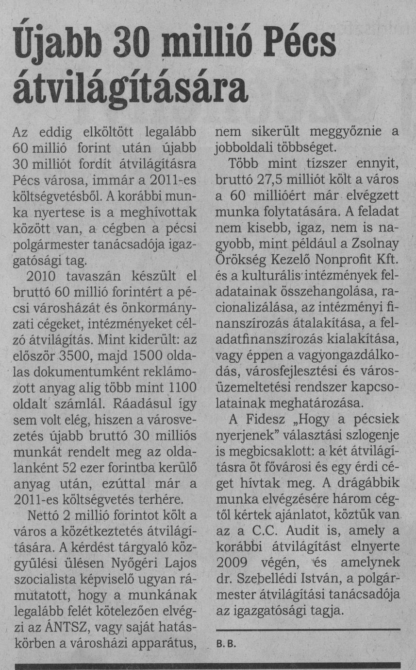 Újabb 30 millió Pécs átvilágítására