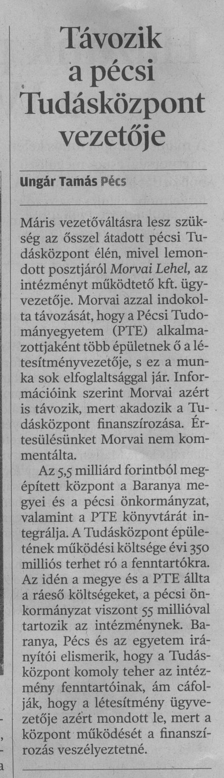 Távozik a pécsi Tudásközpont vezetője