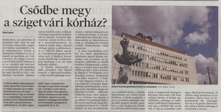 Csődbe megy a szigetvári kórház