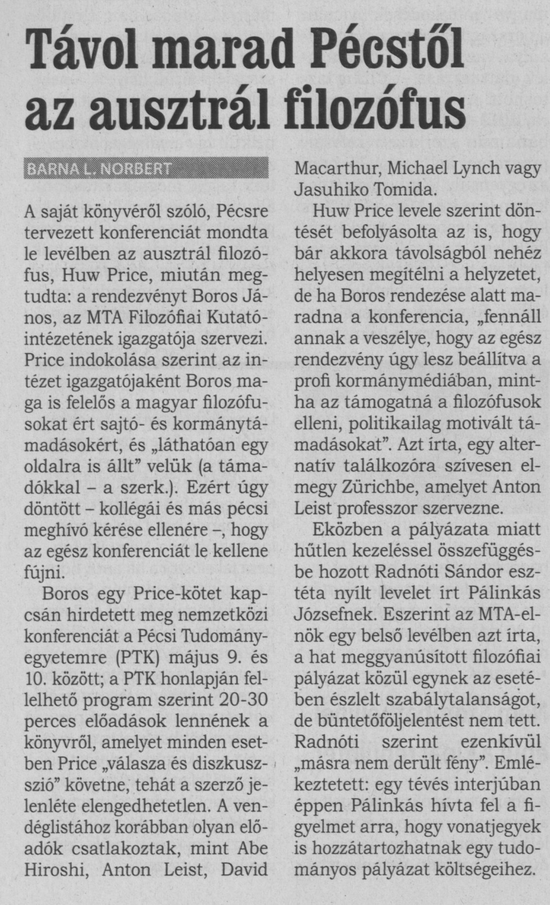 Távol marad Pécstől az ausztrál filozófus