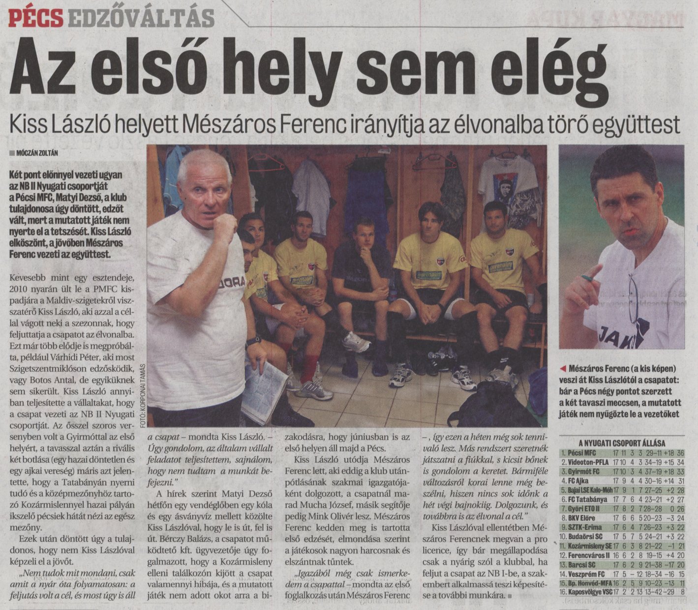 Az első hely sem elég : Kiss László helyett Mészáros Ferenc irányítja az élvonalba törő együttest