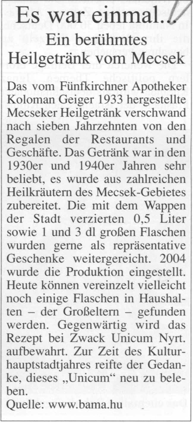 Es war einmal... : Ein berühmtes Heilgetrank vom Mecsek