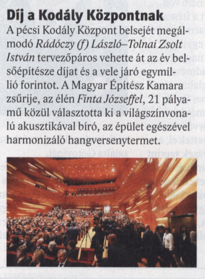 Díj a Kodály Központnak