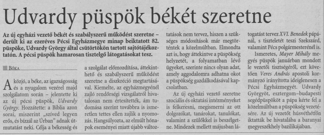 Udvardy püspök békét szeretne