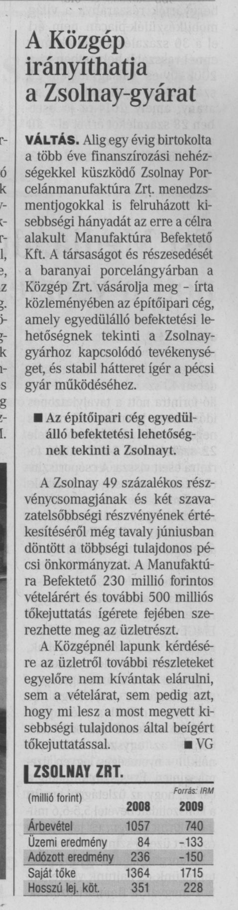 A Közgép irányíthatja a Zsolnay-gyárat