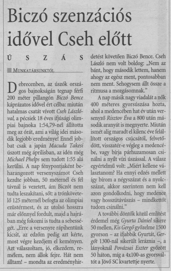 Biczó szenzációs idővel Cseh előtt