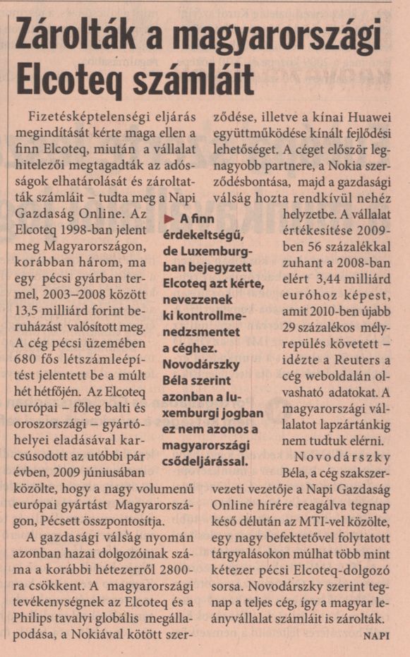 Zárolták a magyarországi Elcoteq számláit