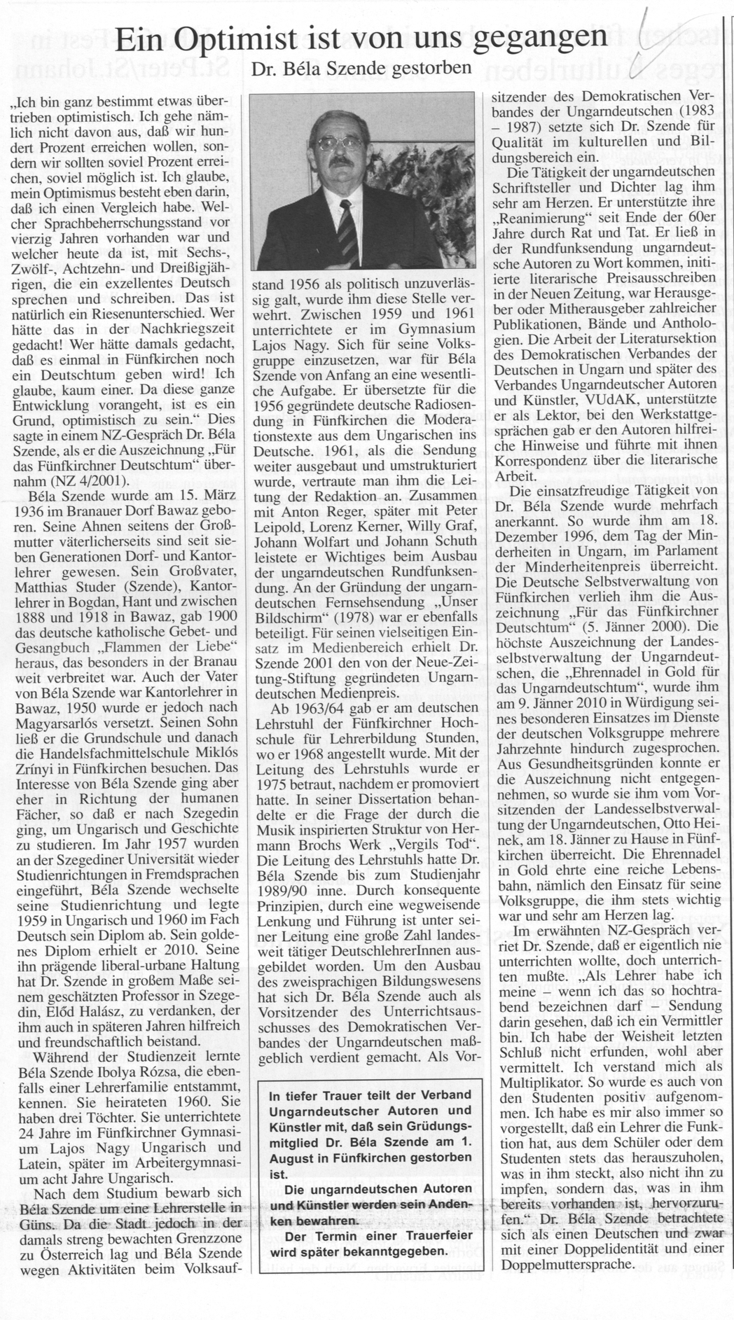 Ein Optimist ist von uns gegangen : Dr. Béla Szende gestorben