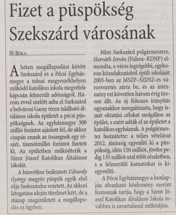 Fizet a püspökség Szekszárd városának