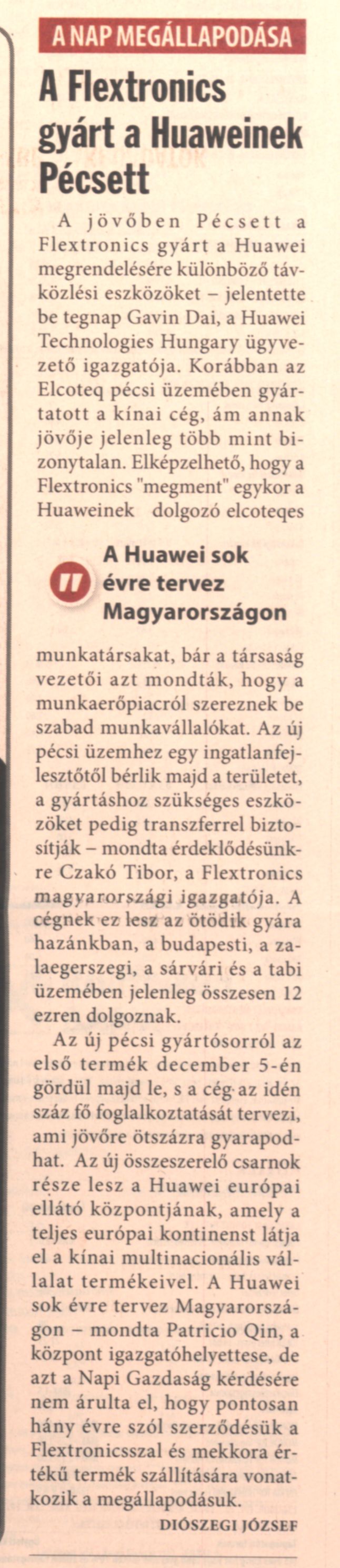 A Flextronics gyárt a Huaweinek Pécsett