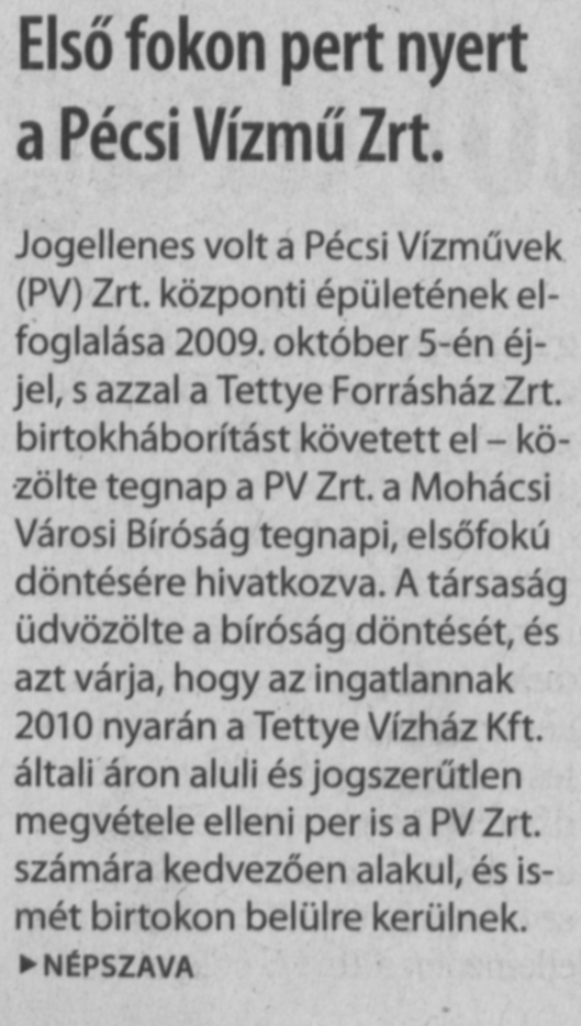 Első fokon pert nyert a Pécsi Vízmű Zrt.