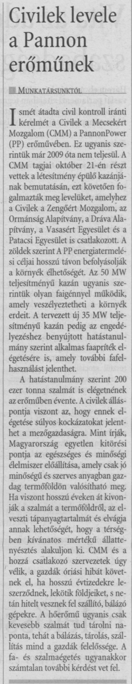 Civilek levele a Pannon erőműnek
