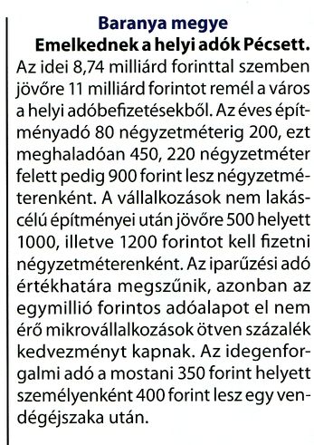 Baranya megye Emelkednek a helyi adók Pécsett
