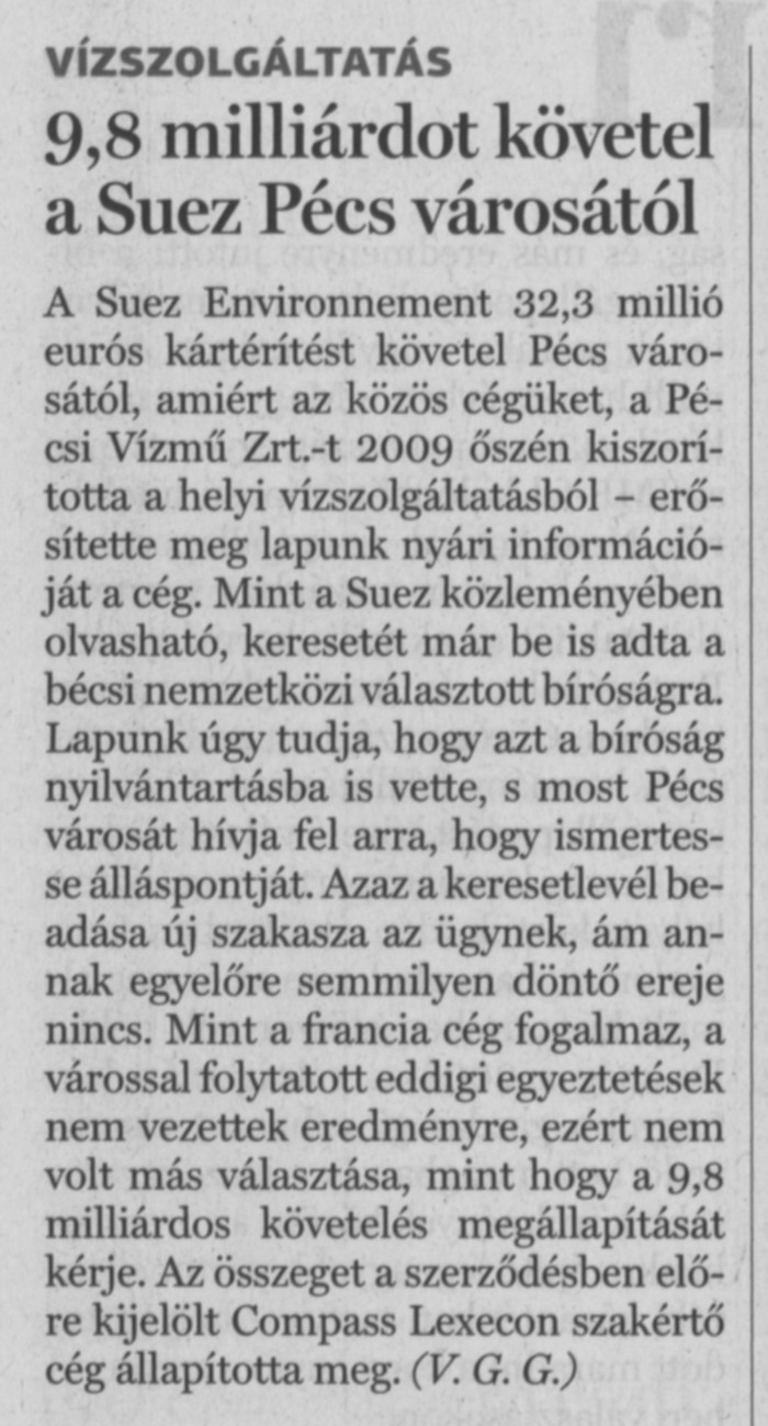 9,8 milliárdot követel a Suez Pécs városától