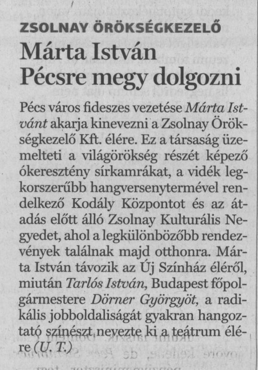 Zsolnay Örökségkezelő Márta István Pécsre megy dolgozni