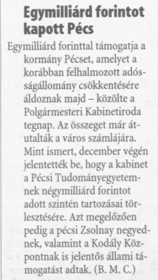 Egymilliárd forintot kapott Pécs