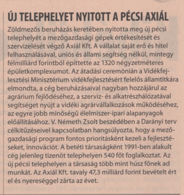 Új telephelyet nyitott a pécsi Axiál