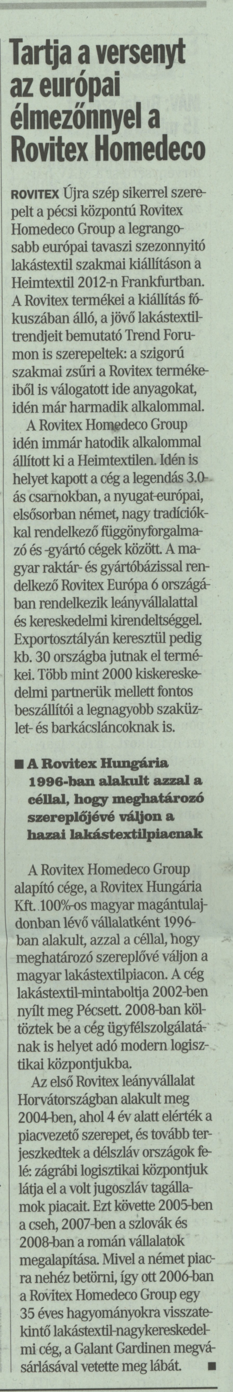 Tartja versenyt az európai élmezőnnyel a Rovitex Homedeco