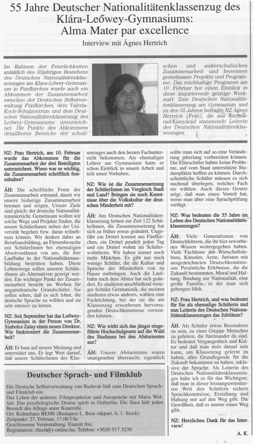 55 Jahre Deutscher Nationalitätenklassenzug des Klára-Leőwey-Gymnasiums: Alma Mater par excellence Interview mit Ágnes Hertrich