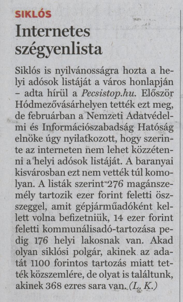 Siklós. Internetes szégyenlista