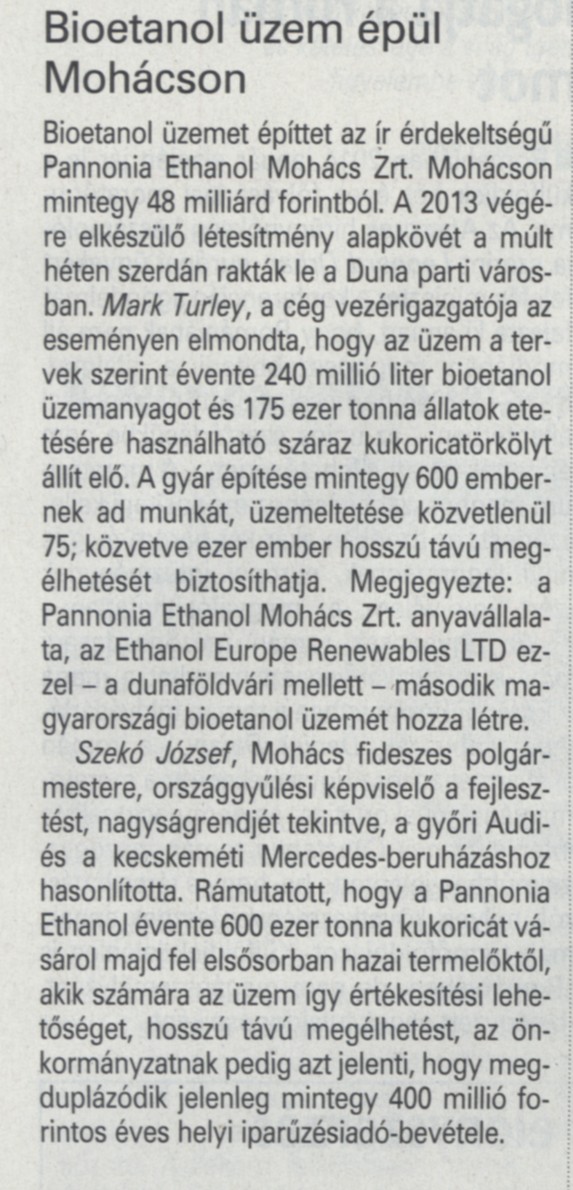 Bioetanol üzem épül Mohácson