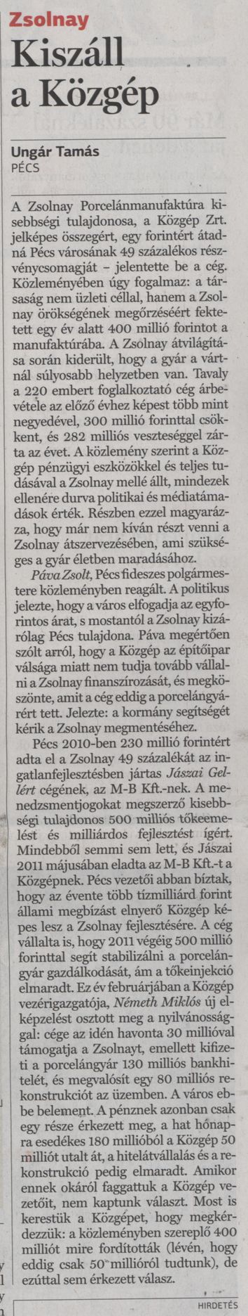 Zsolnay Kiszáll a Közgép