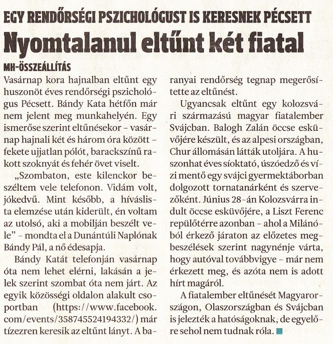 Egy rendőrségi pszichológust is keresnek Pécsett Nyomtalanul elűnt két fiatal
