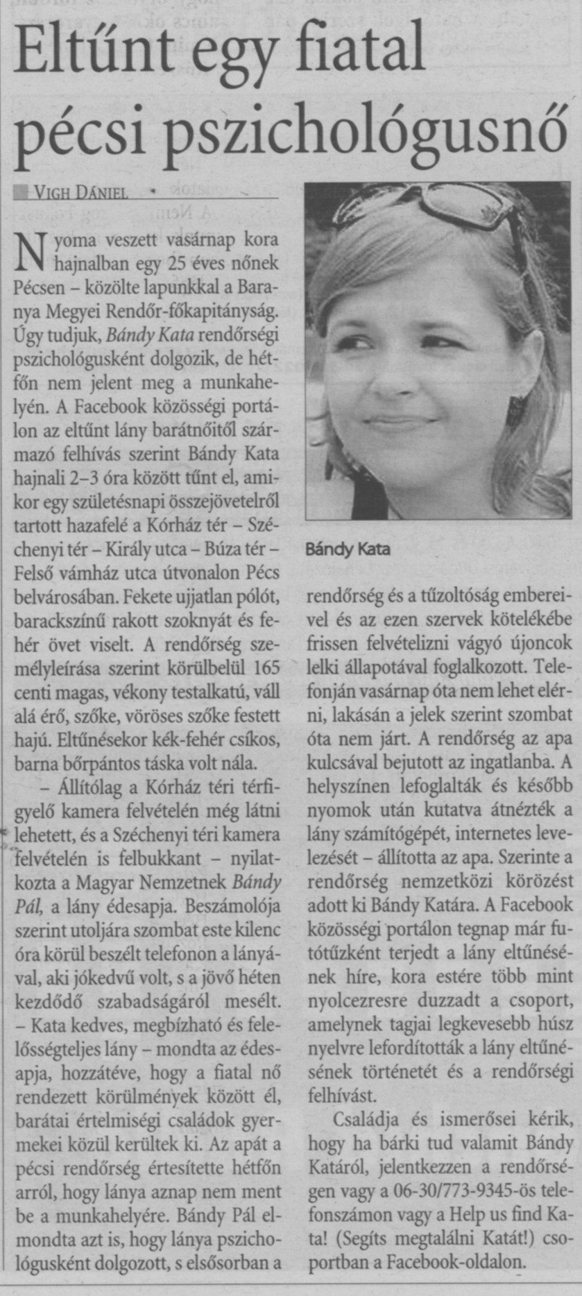 Eltűnt egy fiatal pécsi pszichológusnő