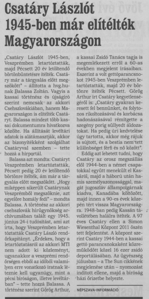 Csatáry Lászlót 1945-ben már elítélték Magyarországon