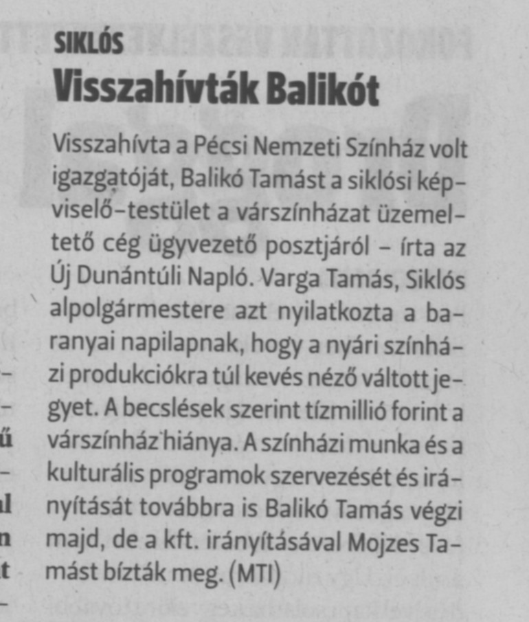 Visszahívták Balikót