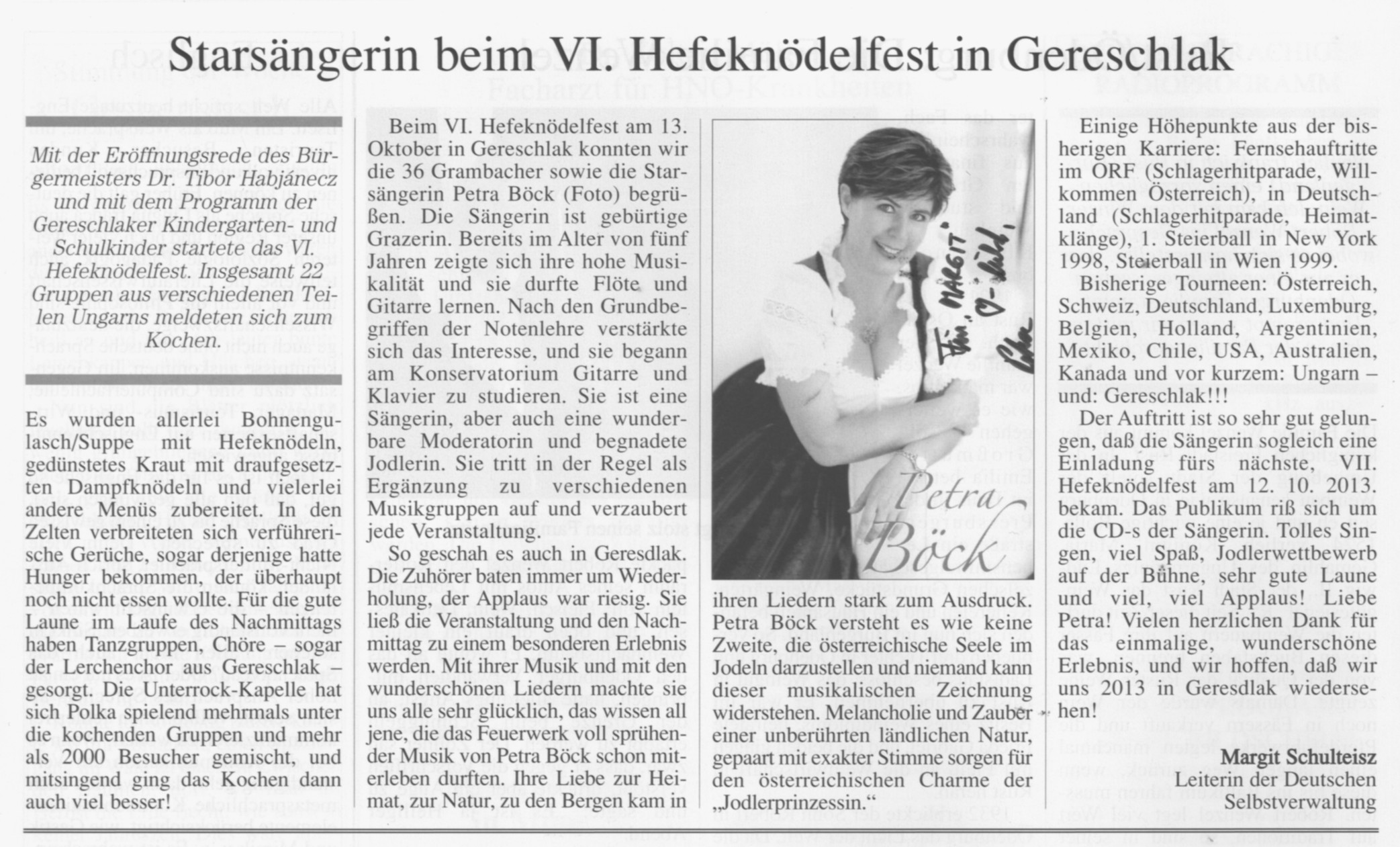 Starsängerin beim VI. Hefeknödelfest in Gereschlak