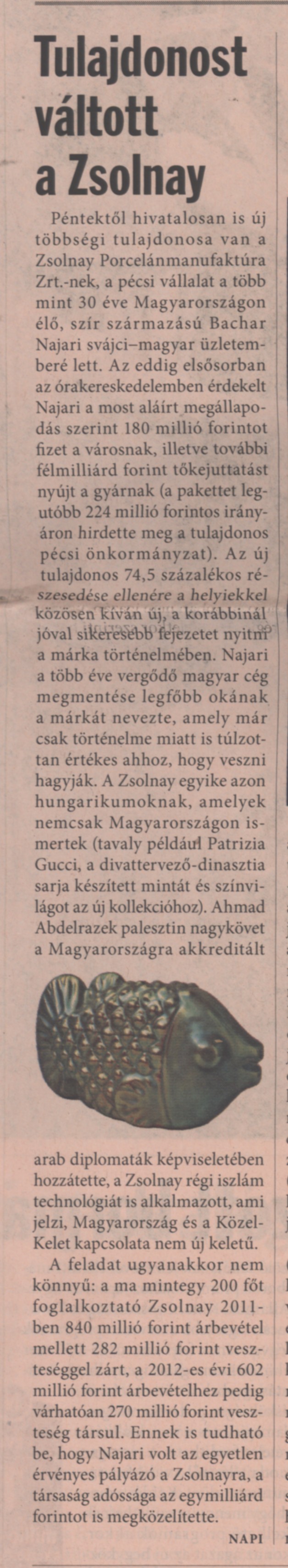 Tulajdonost váltott a Zsolnay