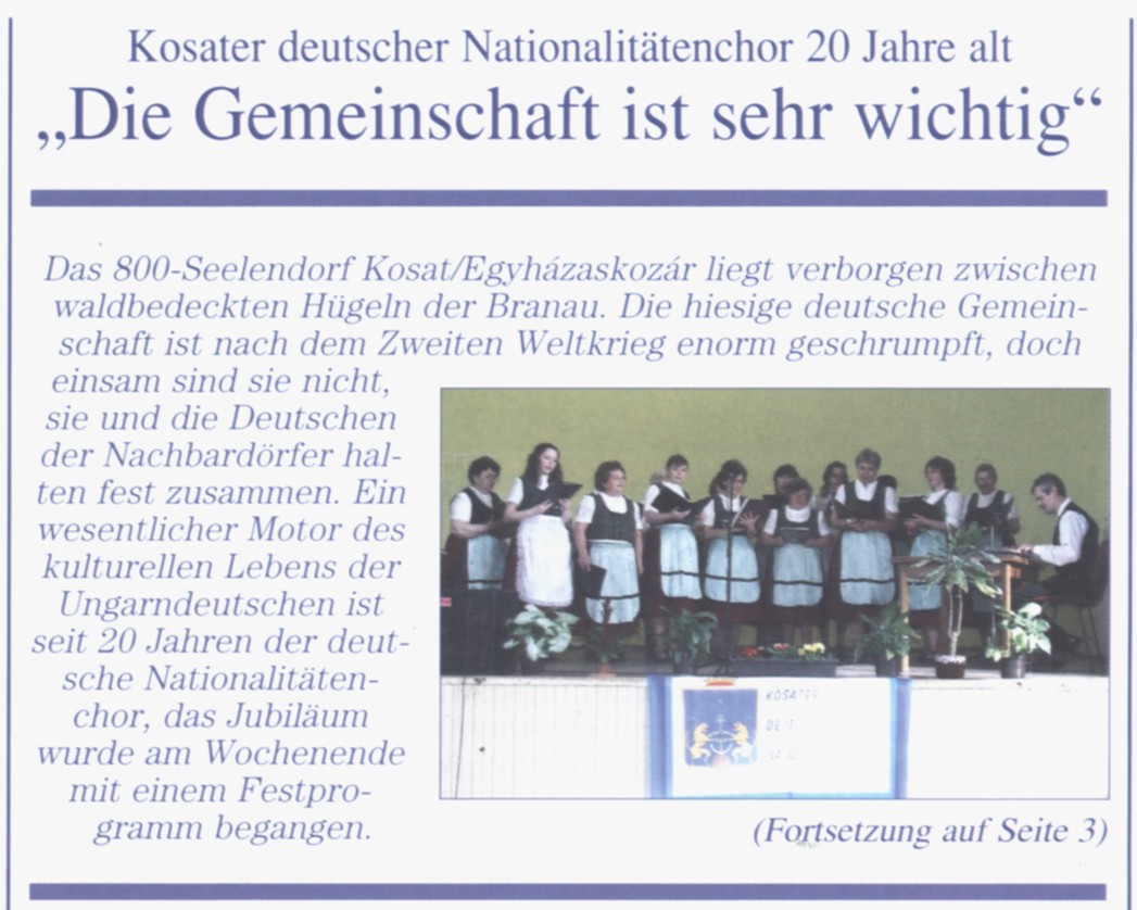 "Die Gemeinschaft ist sehr wichtig" Kosater deutscher Nationalitätenchor 20 Jahre alt