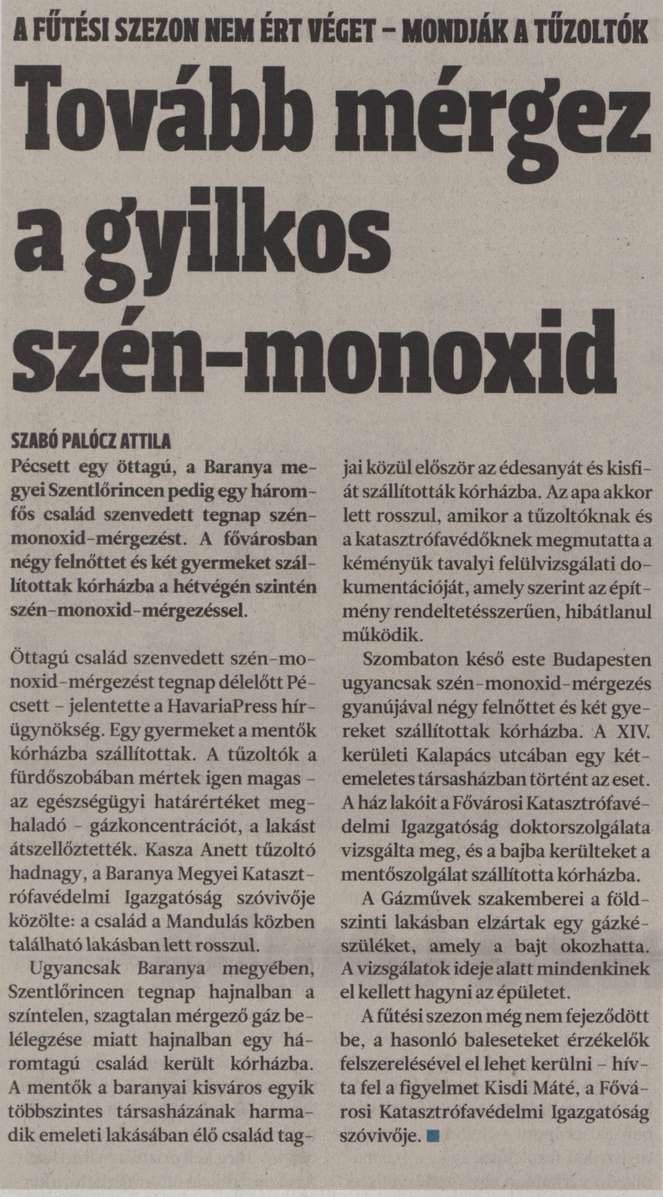 Tovább mérgez a gyilkos szén.monoxid