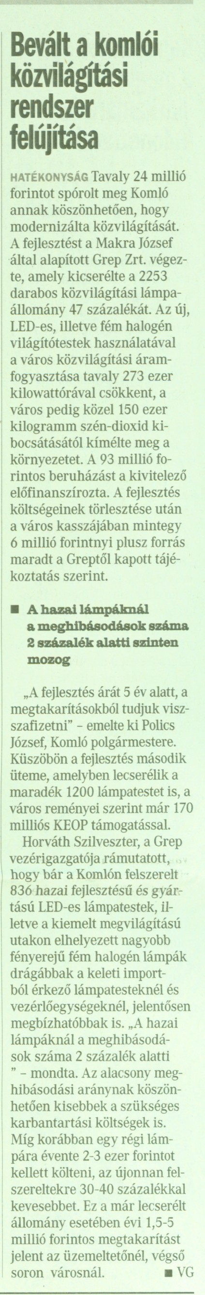 Bevált a komlói közvilágítási rendszer felújítása