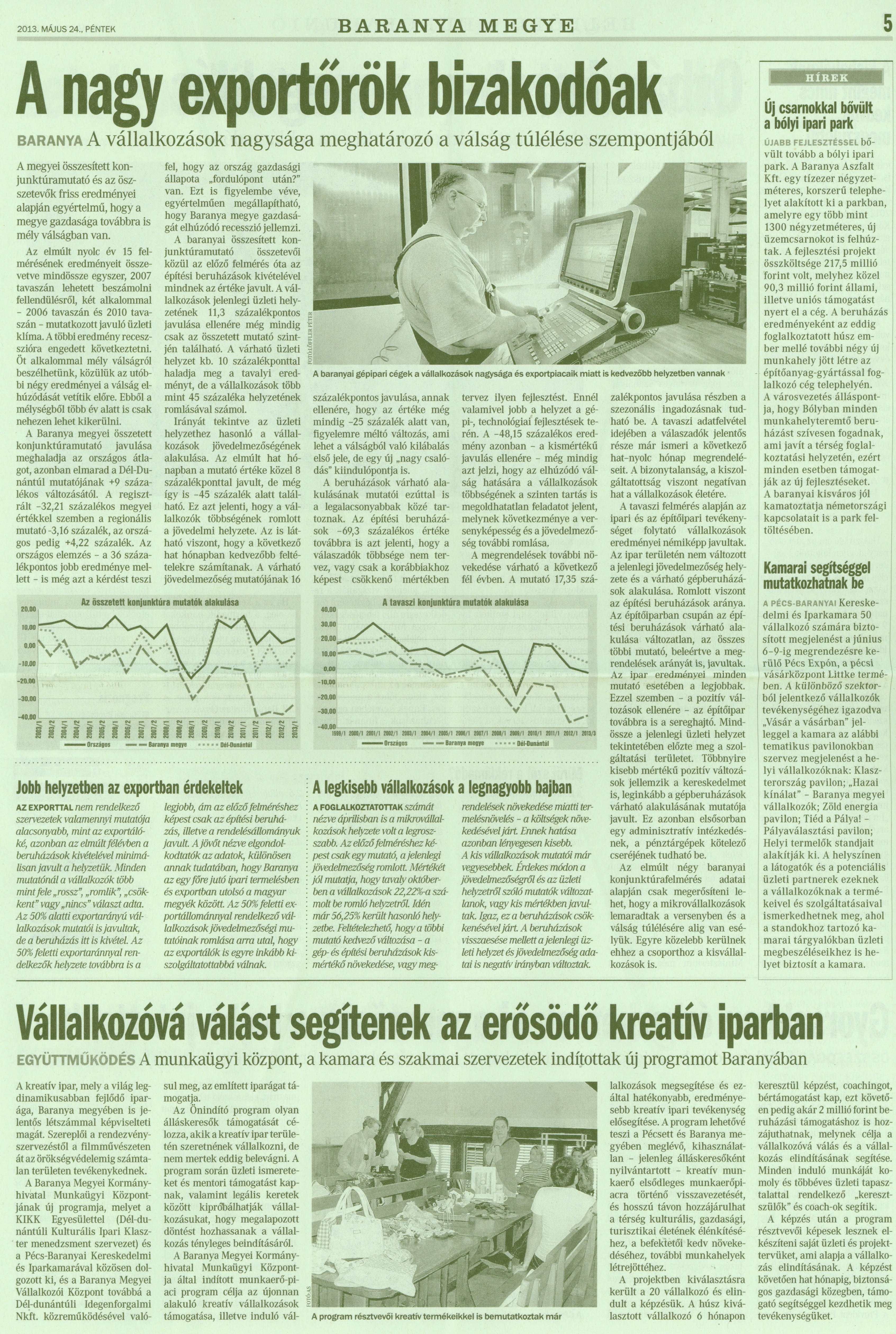 A nagy exportőrök bizakodóak A vállalkozások nagysága meghatározó a válság túlélése szempontjából = Vállalkozóvá válást segítenek az erősödő kreatív iparban A munkaügyi központ, a kamara és a szakmai szervezetek indítottak új programot Baranyában